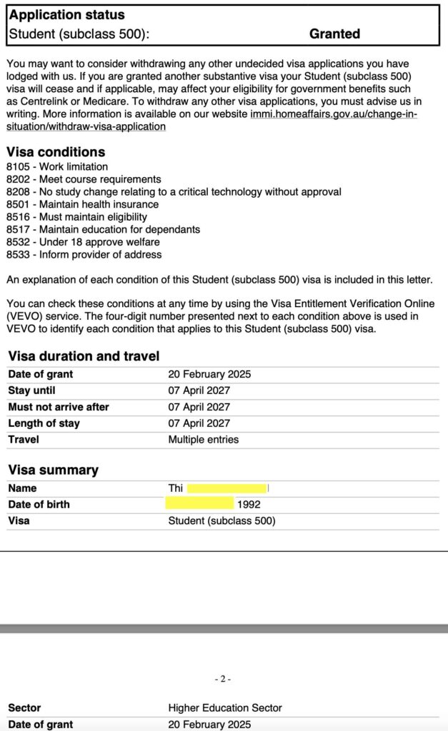 chúc mừng bạn Thi đã gia hạn visa thành công để học tiếp khoá bachelor of early childhood tại trường Ikon Thi đã học xong cert iii early childhood + Diploma early childhood nên khi apply lên Ikon được giảm 1.5 năm, khoá học 4 năm còn 2.5 năm. Ngành này trong danh sách Medium and Long-term Strategic Skills List (MLTSSL) nên bạn có thể nghĩ đến visa 189/190 sau khi ra trường.
