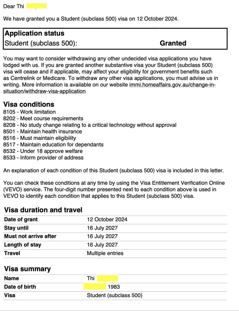chúc mừng bạn Thi sinh năm 1983 có visa học nghề Với độ tuổi 41, qua Úc học tiếng anh 1 năm, bạn muốn học tiếp khoá marketing rẻ $6000/năm. Du Học TNS tư vấn tỉ lệ có visa là 50% nhưng bạn vẫn trao hết niềm tin cho Du Học TNS viết tường trình và kết quả là có visa sau 6 tháng chờ đợi