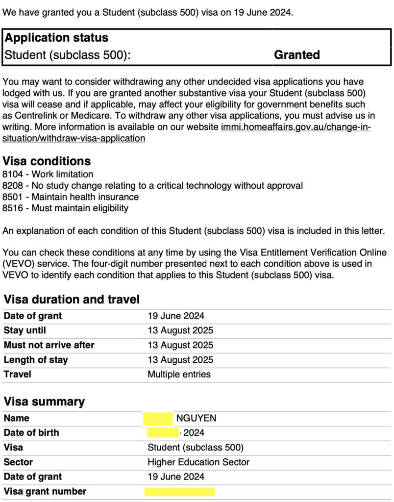 chúc mừng em bé 2 tháng tuổi có visa du học... phụ thuộc mẹ. mẹ cháu là khách hàng thân thiết của Du Học TNS bao năm nay, cháu đẻ ra được 1 tháng làm giấy khai sinh, passport và gửi hố sơ cho Du Học TNS. Du Học TNS add cháu vào bảo hiểm OSHC gia đình được giá ưu đãi nhất hiện nay, lưu ý là ko được mua bảo hiểm OHSC Single. Kết quả là 2 tuần sau có visa.