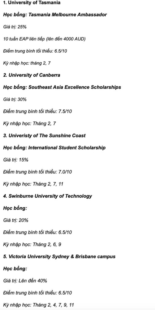 thông tin học bổng của Utas, UC, USC, Swinburne Uni, Victoria Uni