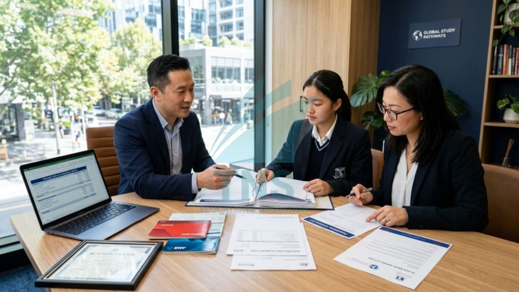 Chi Phí Du Học Cấp 3 Tại Úc: Cập Nhật Mới Nhất 2026 17 Phụ huynh và học sinh chuẩn bị giấy tờ tài chính khi du học cấp 3 tại Úc