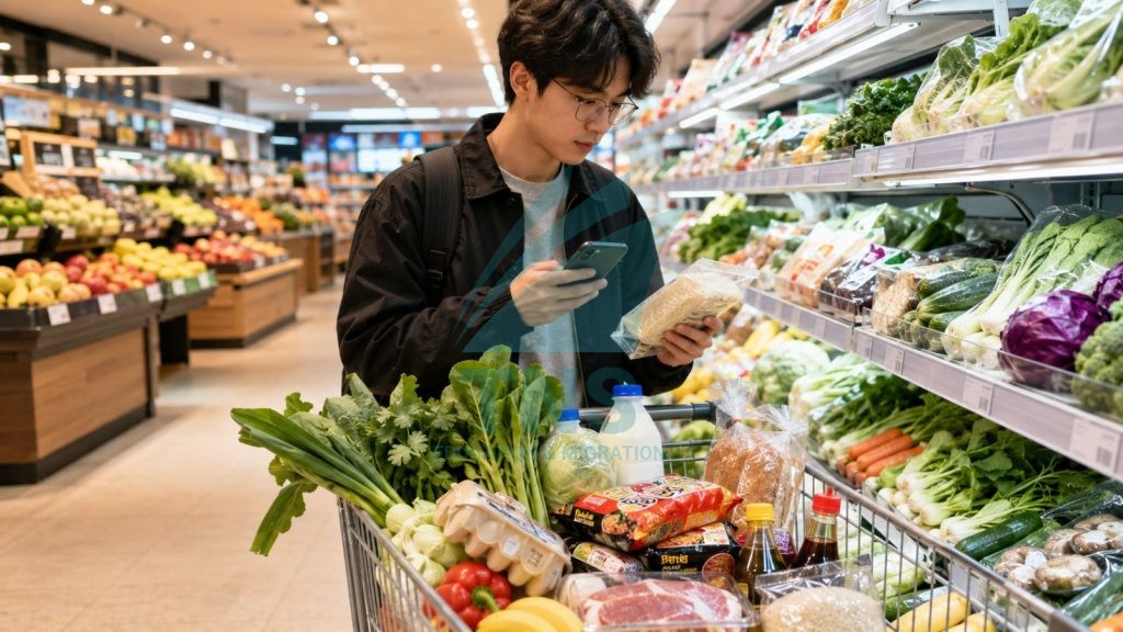 Chi Phí Sinh Hoạt Ở Adelaide Cho Du Học Sinh Và Người Mới Sang Úc 16 Du học sinh mua sắm thực phẩm hằng tuần tại siêu thị ở Adelaide với xe đẩy đầy rau củ, sữa, trứng và đồ ăn cơ bản