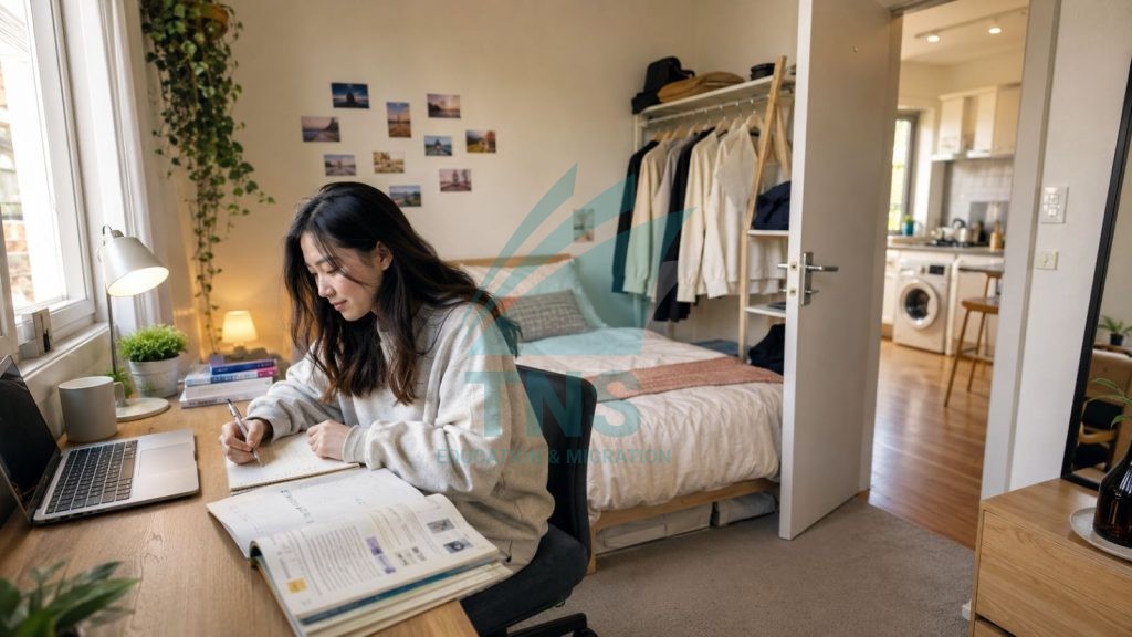 Chi Phí Sinh Hoạt Ở Adelaide Cho Du Học Sinh Và Người Mới Sang Úc 14 Du học sinh thuê phòng riêng tại Adelaide trong không gian sống ấm cúng, có bàn học và khu bếp chung phía sau