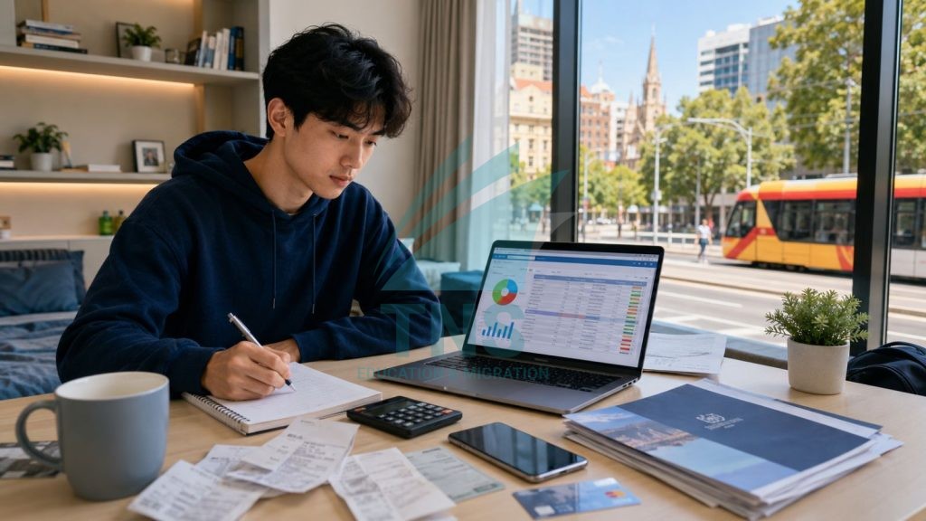Chi Phí Sinh Hoạt Ở Adelaide Cho Du Học Sinh Và Người Mới Sang Úc 12 Du học sinh lập kế hoạch chi phí sinh hoạt ở Adelaide với laptop, hóa đơn, máy tính và thực phẩm trên bàn